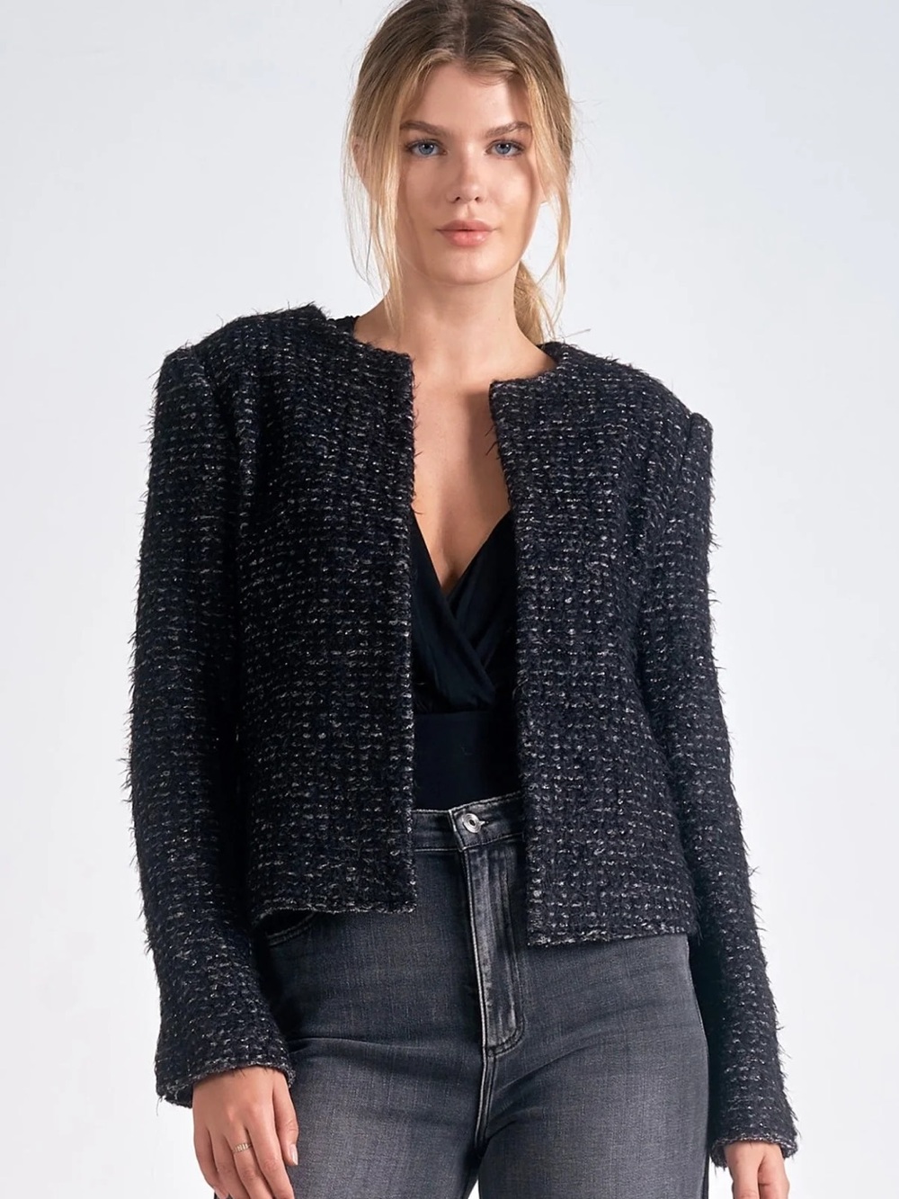 Elan NWT Tweed Structured Cropped Jacket - Black/Silver Sz M